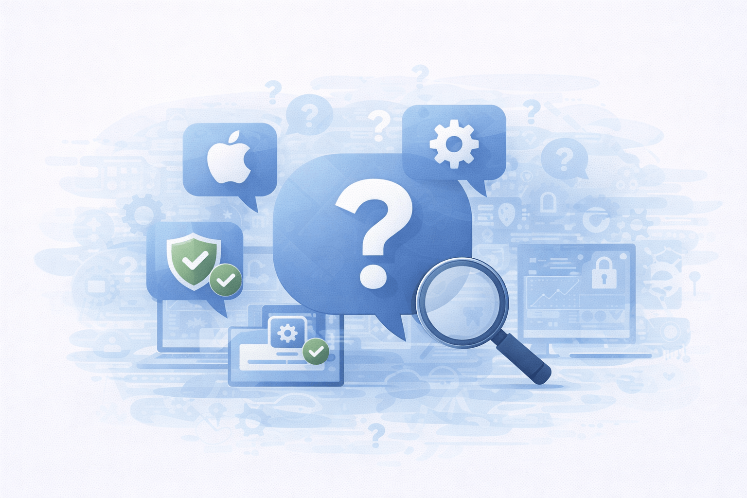 Frequently Asked Questions About Apple Security Updates Illustration representing frequently asked questions about Apple device security and software updates<br />