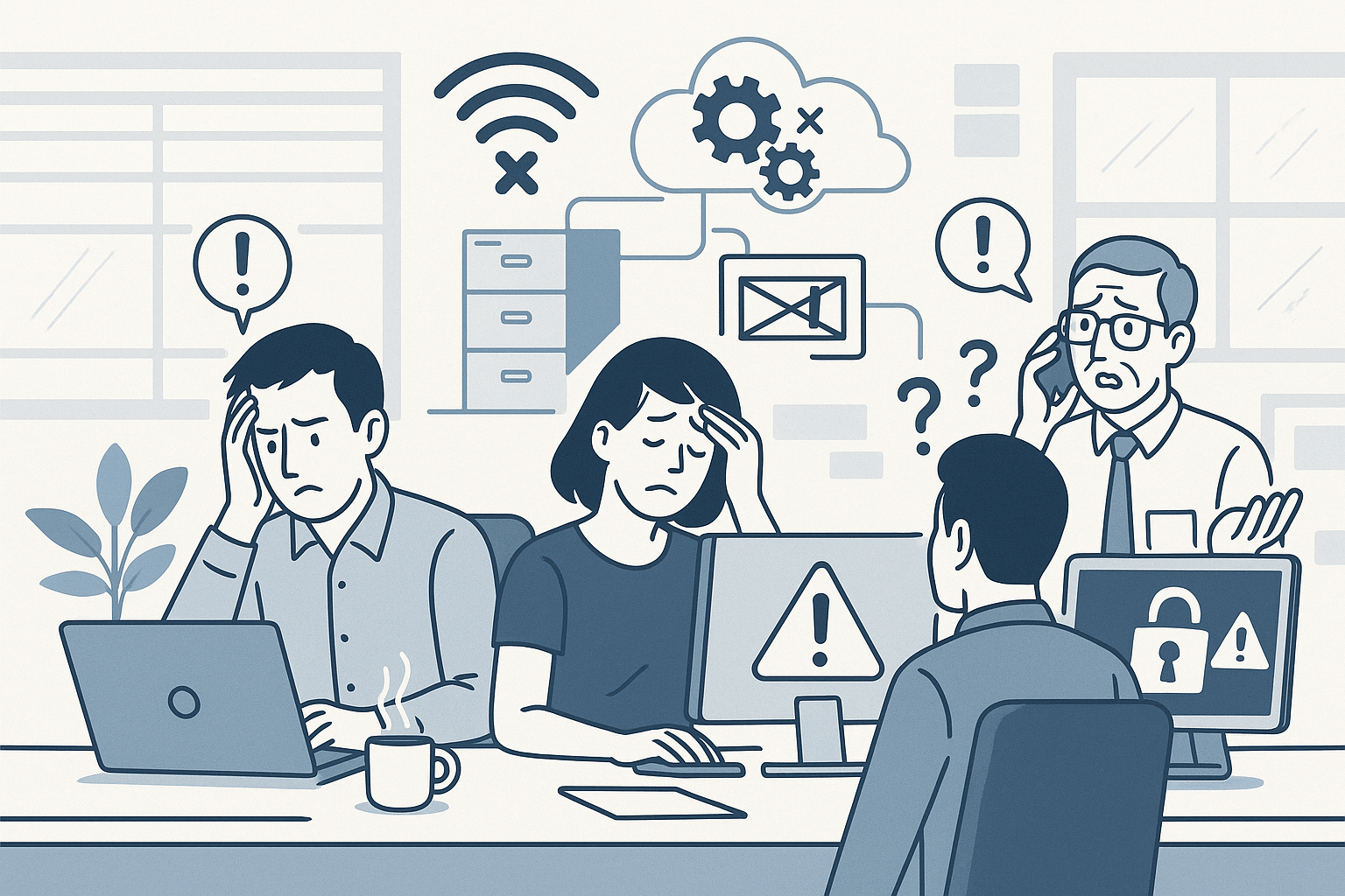 Illustration showing common IT support, network, and business technology issues